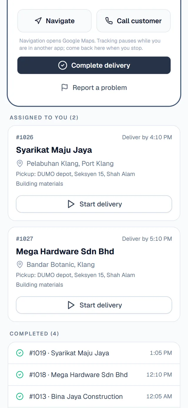The real driver app listing deliveries, each with a Start delivery button