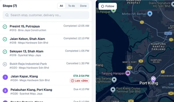 The real route screen: one driver's stops in order with arrival times, next to the map (sample data)