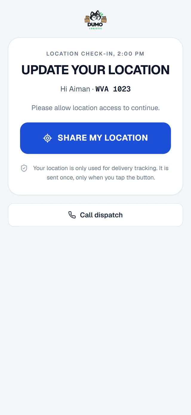 The real check-in page a driver opens from WhatsApp: Update your location, Share my location (sample driver)