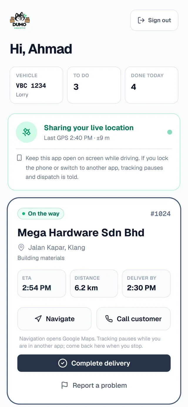 The real DUMO driver app: sharing live location and the next delivery (sample driver)